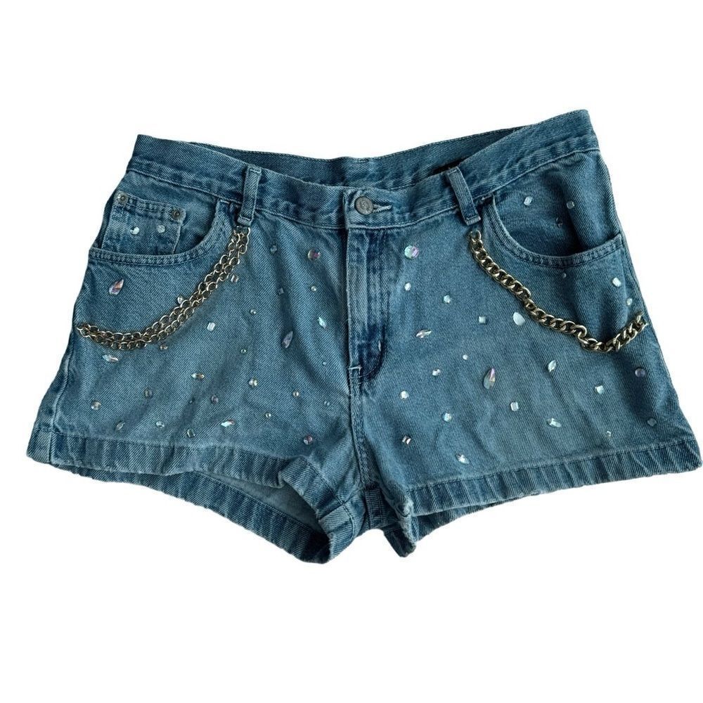 No Boundaries Denim Shorts Gemstones Gold Chain Jorts SZ 13 JR